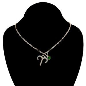 NEW - Aries “The Ram” Zodiac Pendant Silver Necklace w Emerald Green Charm